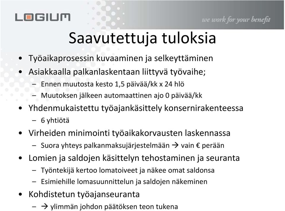minimointityöaikakorvaustenlaskennassa työaikakorvausten Suora yhteys palkanmaksujärjestelmään vain perään Lomien ja saldojen käsittelyn tehostaminen ja