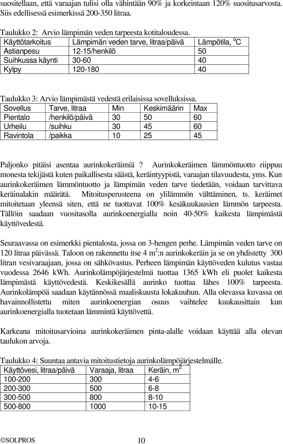 Sovellus Tarve, litraa Min Keskimäärin Max Pientalo /henkilö/päivä 30 50 60 Urheilu /suihku 30 45 60 Ravintola /paikka 10 25 45 Paljonko pitäisi asentaa aurinkokeräimiä?