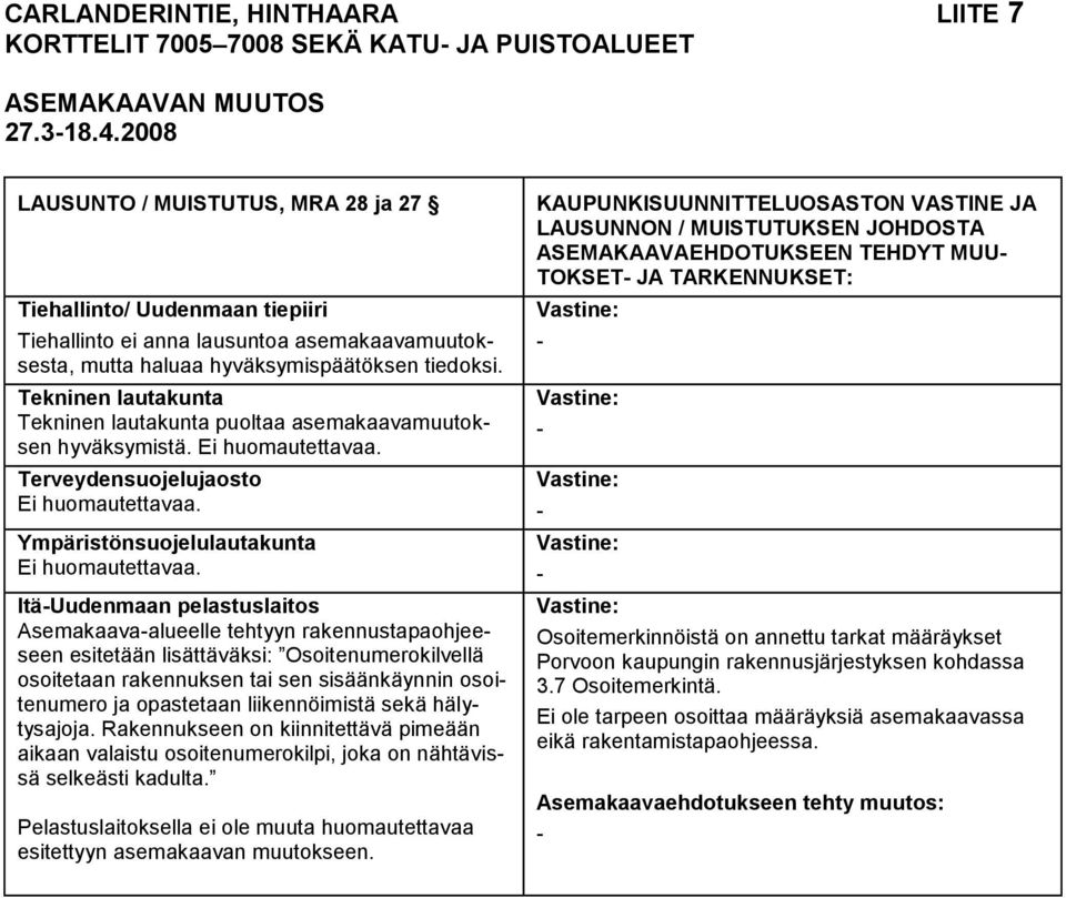 Tekninen lautakunta Tekninen lautakunta puoltaa asemakaavamuutoksen hyväksymistä. Ei huomautettavaa. Terveydensuojelujaosto Ei huomautettavaa. Ympäristönsuojelulautakunta Ei huomautettavaa.