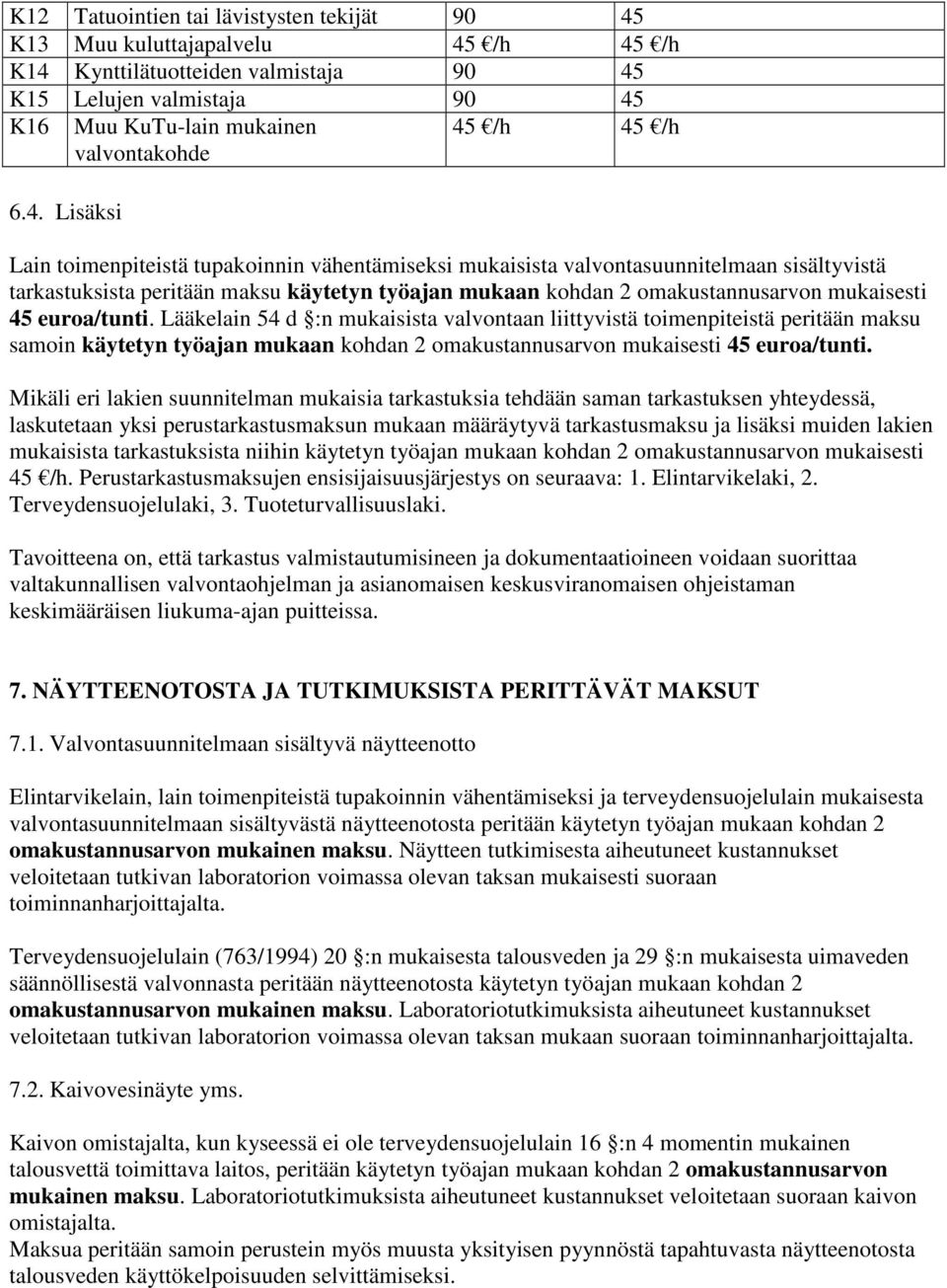 mukaisesti 45 euroa/tunti. Lääkelain 54 d :n mukaisista valvontaan liittyvistä toimenpiteistä peritään maksu samoin käytetyn työajan mukaan kohdan 2 omakustannusarvon mukaisesti 45 euroa/tunti.