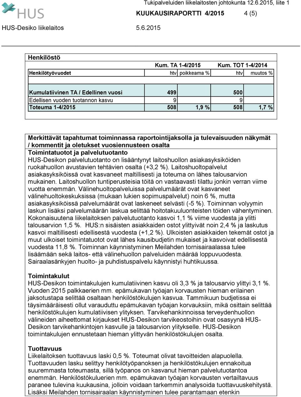 toiminnassa raportointijaksolla ja tulevaisuuden näkymät / kommentit ja oletukset vuosiennusteen osalta Toimintatuotot ja palvelutuotanto HUS-Desikon palvelutuotanto on lisääntynyt laitoshuollon