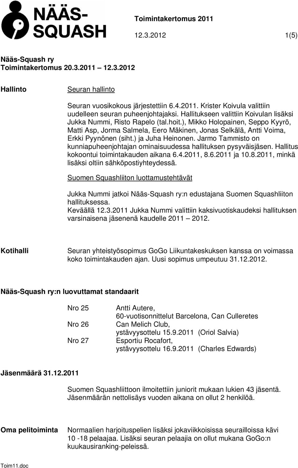 ) ja Juha Heinonen. Jarmo Tammisto on kunniapuheenjohtajan ominaisuudessa hallituksen pysyväisjäsen. Hallitus kokoontui toimintakauden aikana 6.4.2011, 8.