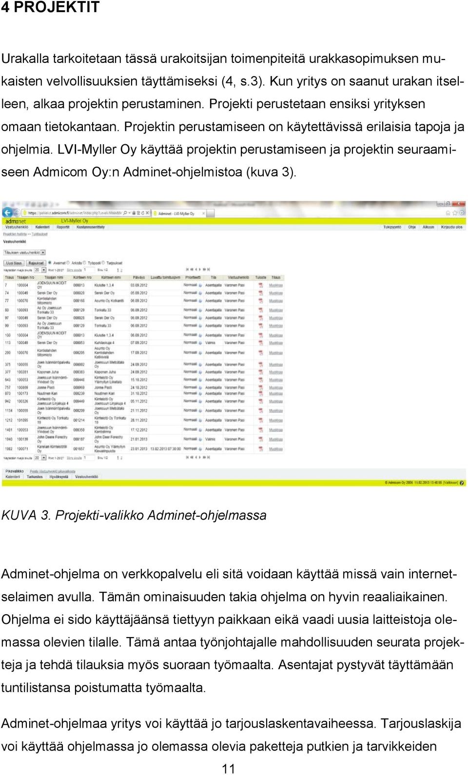 LVI-Myller Oy käyttää projektin perustamiseen ja projektin seuraamiseen Admicom Oy:n Adminet-ohjelmistoa (kuva 3). KUVA 3.