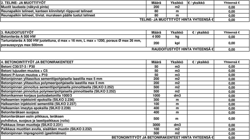 RAUDOITUSTYÖT Määrä Yksikkö / yksikkö Yhteensä Betoniteräs A 500 HW 4 000 kg Tartuntateräs A 500 HW juotettuna, d max = 16 mm, L max = 1200, poraus Ø max 26 mm, poraussyvyys max 500mm 200 kpl