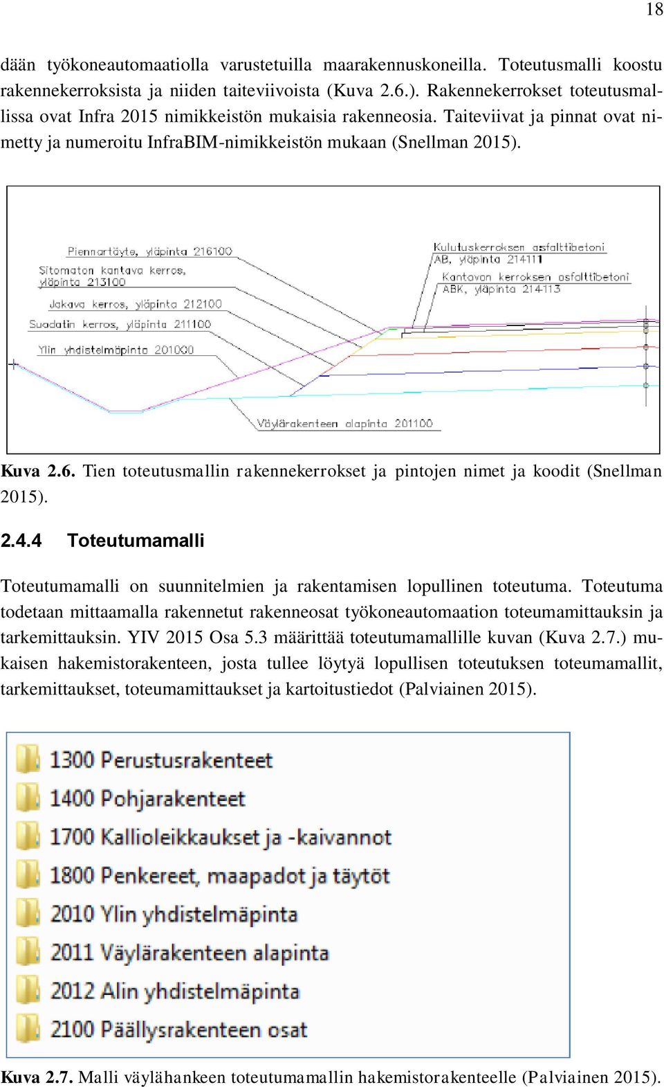 Tien toteutusmallin rakennekerrokset ja pintojen nimet ja koodit (Snellman 2015). 2.4.4 Toteutumamalli Toteutumamalli on suunnitelmien ja rakentamisen lopullinen toteutuma.