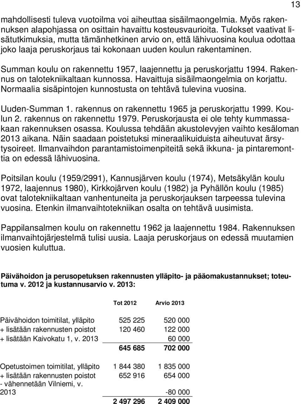 Summan koulu on rakennettu 1957, laajennettu ja peruskorjattu 1994. Rakennus on talotekniikaltaan kunnossa. Havaittuja sisäilmaongelmia on korjattu.