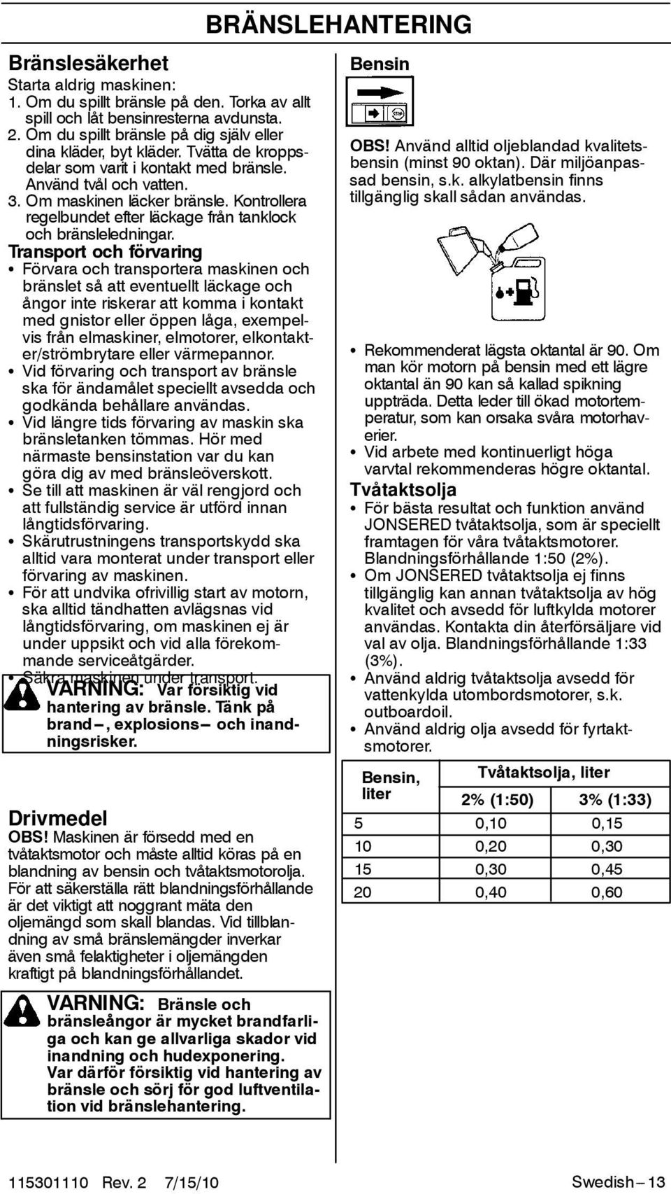 Transport och förvaring S Förvara och transportera maskinen och bränslet så att eventuellt läckage och ångorinteriskerarattkommaikontakt med gnistor eller öppen låga, exempelvis från elmaskiner,