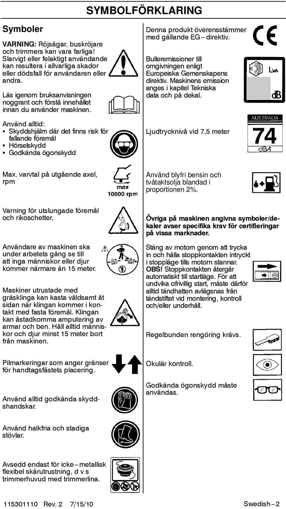 Använd alltid: S Skyddshjälm där det finns risk för fallande föremål S Hörselskydd S Godkända ögonskydd Denna produkt överensstämmer med gällande EG---direktiv.