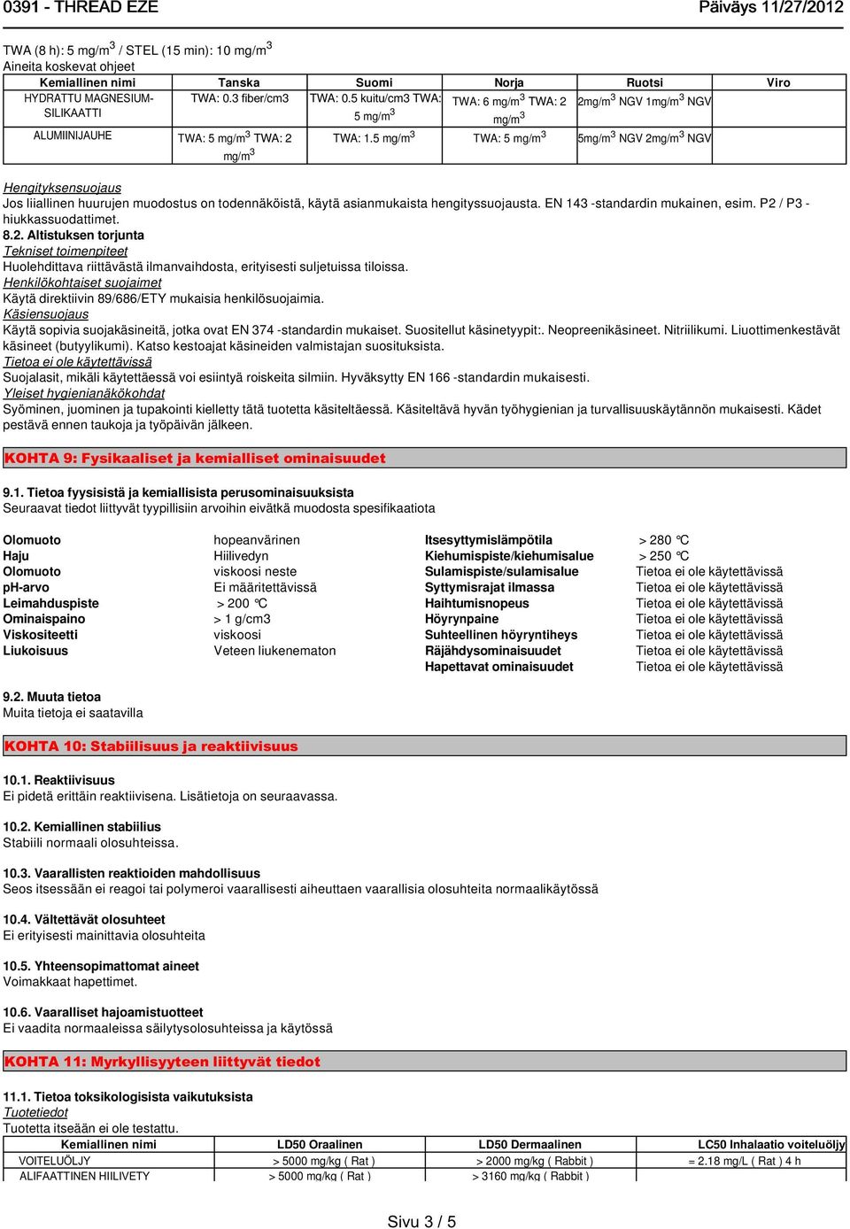 5 mg/m TWA: 5 mg/m 3 3 2mg/m NGV 1mg/m 3 NGV 5mg/m 3 NGV 2mg/m 3 NGV Hengityksensuojaus Jos liiallinen huurujen muodostus on todennäköistä, käytä asianmukaista hengityssuojausta.