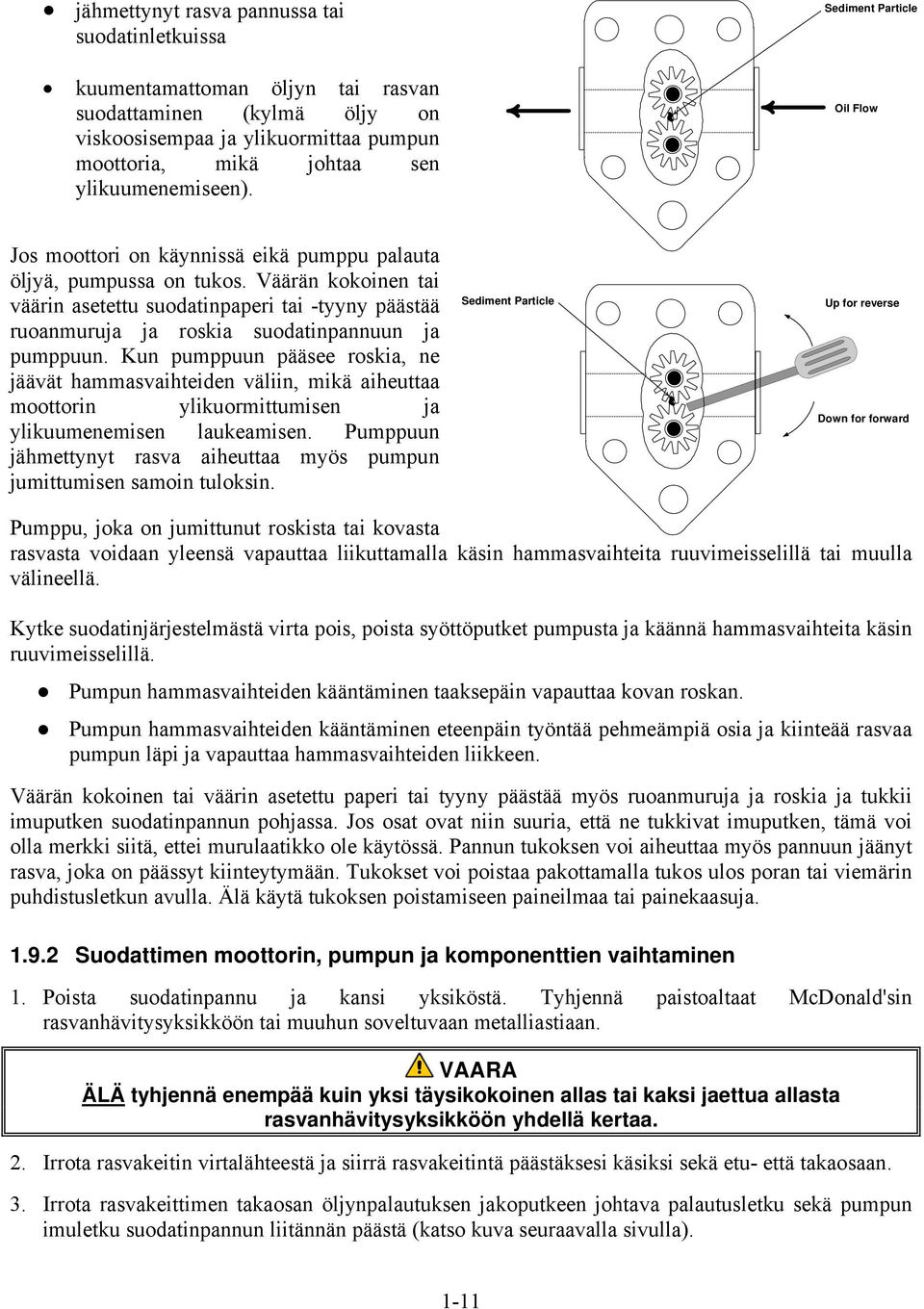 Väärän kokoinen tai väärin asetettu suodatinpaperi tai -tyyny päästää ruoanmuruja ja roskia suodatinpannuun ja pumppuun.