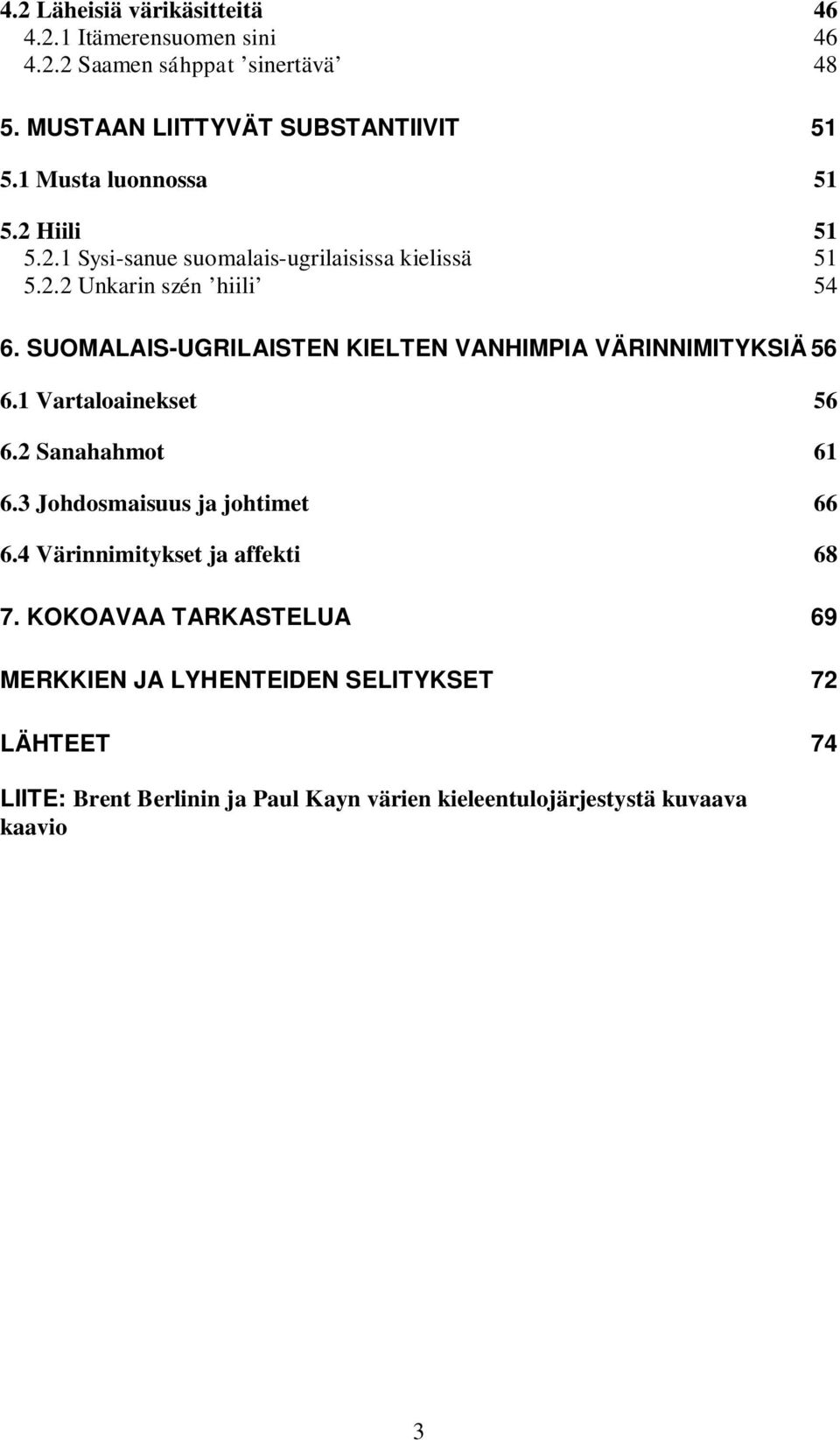 SUOMALAIS-UGRILAISTEN KIELTEN VANHIMPIA VÄRINNIMITYKSIÄ 56 6.1 Vartaloainekset 56 6.2 Sanahahmot 61 6.3 Johdosmaisuus ja johtimet 66 6.