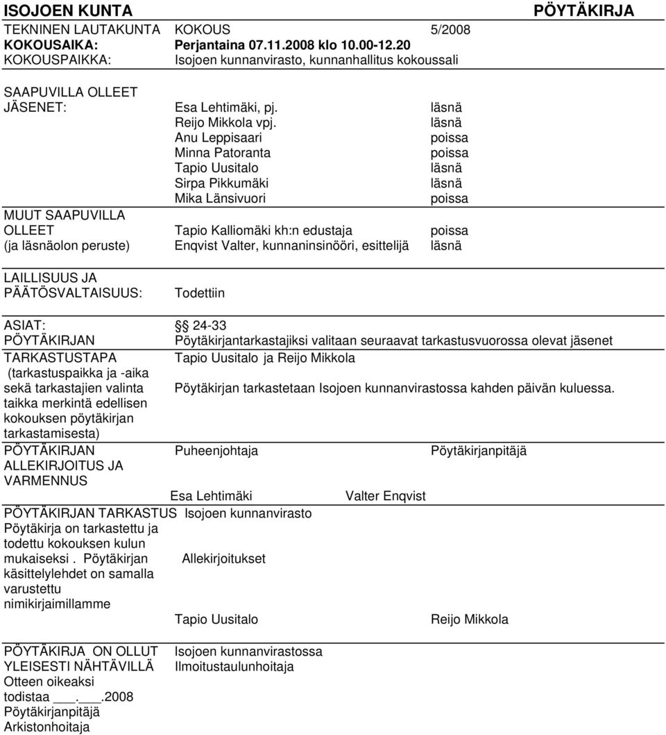 läsnä Anu Leppisaari poissa Minna Patoranta poissa Tapio Uusitalo läsnä Sirpa Pikkumäki läsnä Mika Länsivuori poissa MUUT SAAPUVILLA OLLEET Tapio Kalliomäki kh:n edustaja poissa (ja läsnäolon