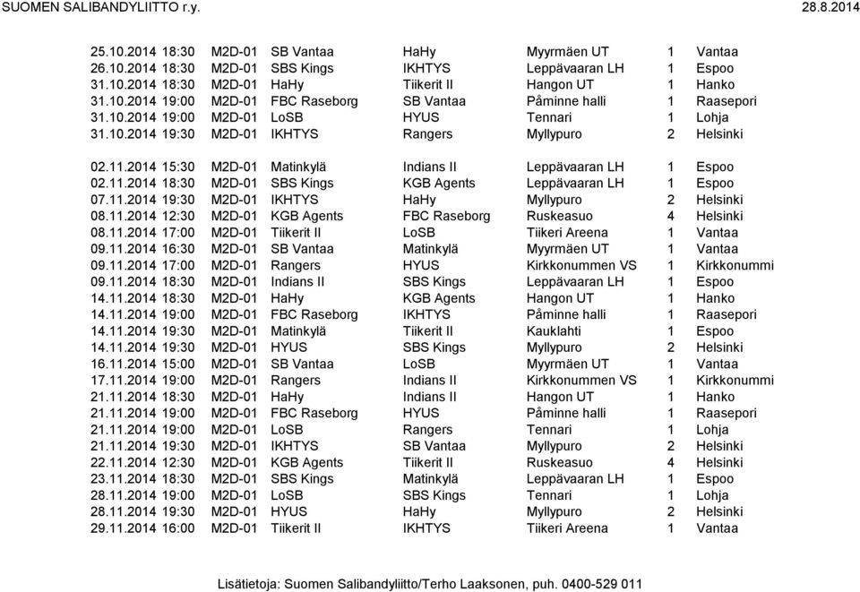 11.2014 19:30 M2D-01 IKHTYS HaHy Myllypuro 2 Helsinki 08.11.2014 12:30 M2D-01 KGB Agents FBC Raseborg Ruskeasuo 4 Helsinki 08.11.2014 17:00 M2D-01 Tiikerit II LoSB Tiikeri Areena 1 Vantaa 09.11.2014 16:30 M2D-01 SB Vantaa Matinkylä Myyrmäen UT 1 Vantaa 09.