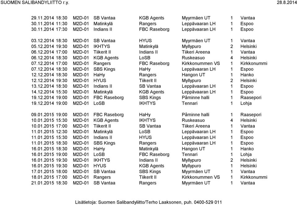 12.2014 17:00 M2D-01 Rangers FBC Raseborg Kirkkonummen VS 1 Kirkkonummi 07.12.2014 18:30 M2D-01 SBS Kings HaHy Leppävaaran LH 1 Espoo 12.12.2014 18:30 M2D-01 HaHy Rangers Hangon UT 1 Hanko 12.12.2014 19:30 M2D-01 HYUS Tiikerit II Myllypuro 2 Helsinki 13.