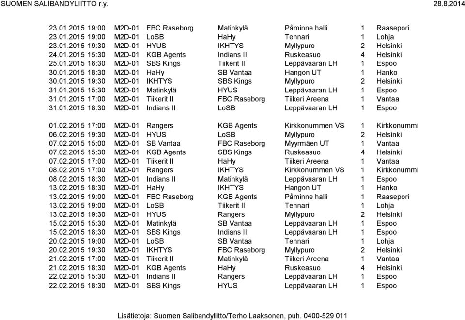 01.2015 17:00 M2D-01 Tiikerit II FBC Raseborg Tiikeri Areena 1 Vantaa 31.01.2015 18:30 M2D-01 Indians II LoSB Leppävaaran LH 1 Espoo 01.02.