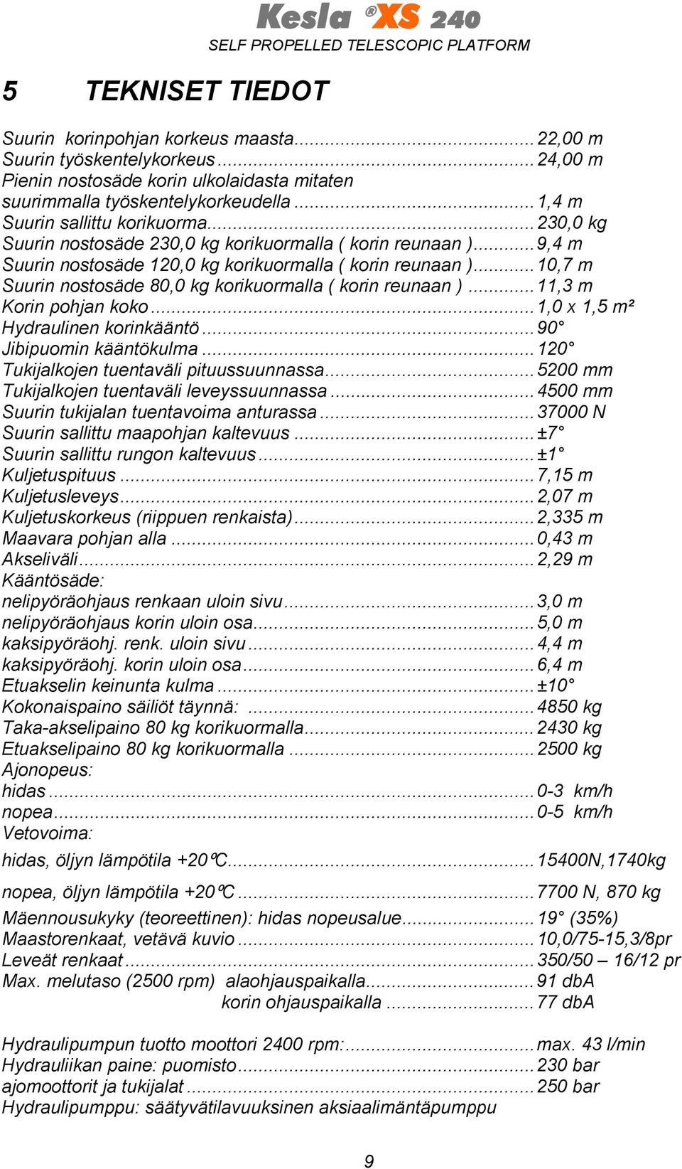 ..10,7 m Suurin nostosäde 80,0 kg korikuormalla ( korin reunaan )...11,3 m Korin pohjan koko...1,0 x 1,5 m² Hydraulinen korinkääntö...90 Jibipuomin kääntökulma.