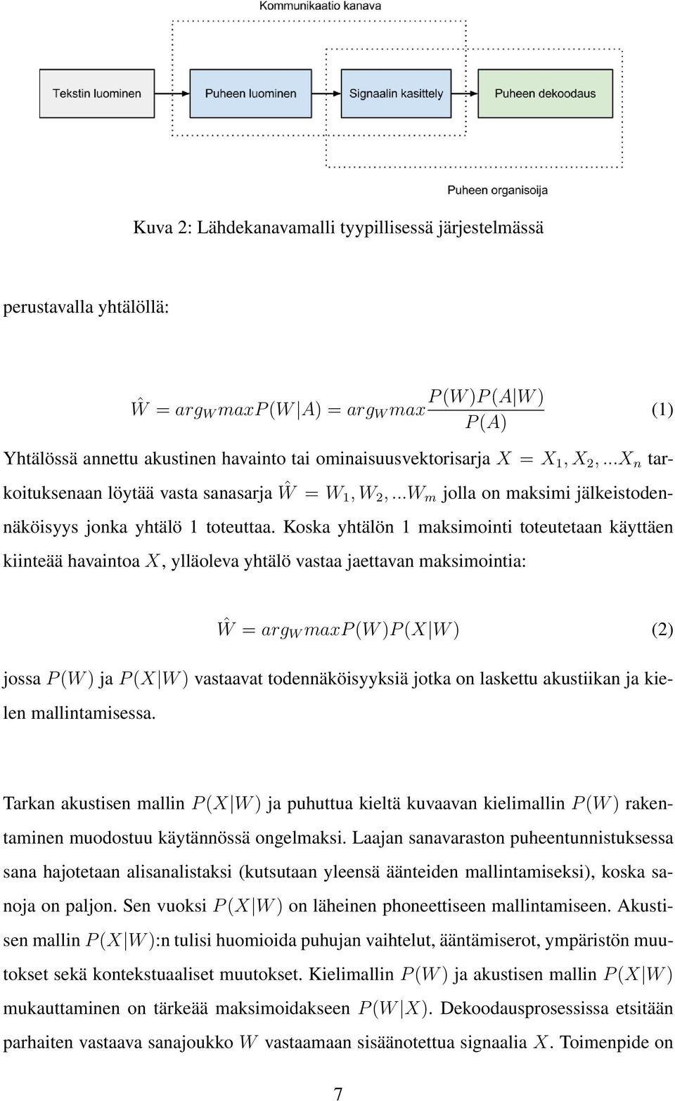 Koska yhtälön 1 maksimointi toteutetaan käyttäen kiinteää havaintoa X, ylläoleva yhtälö vastaa jaettavan maksimointia: Ŵ = arg W maxp (W )P (X W ) (2) jossa P (W ) ja P (X W ) vastaavat