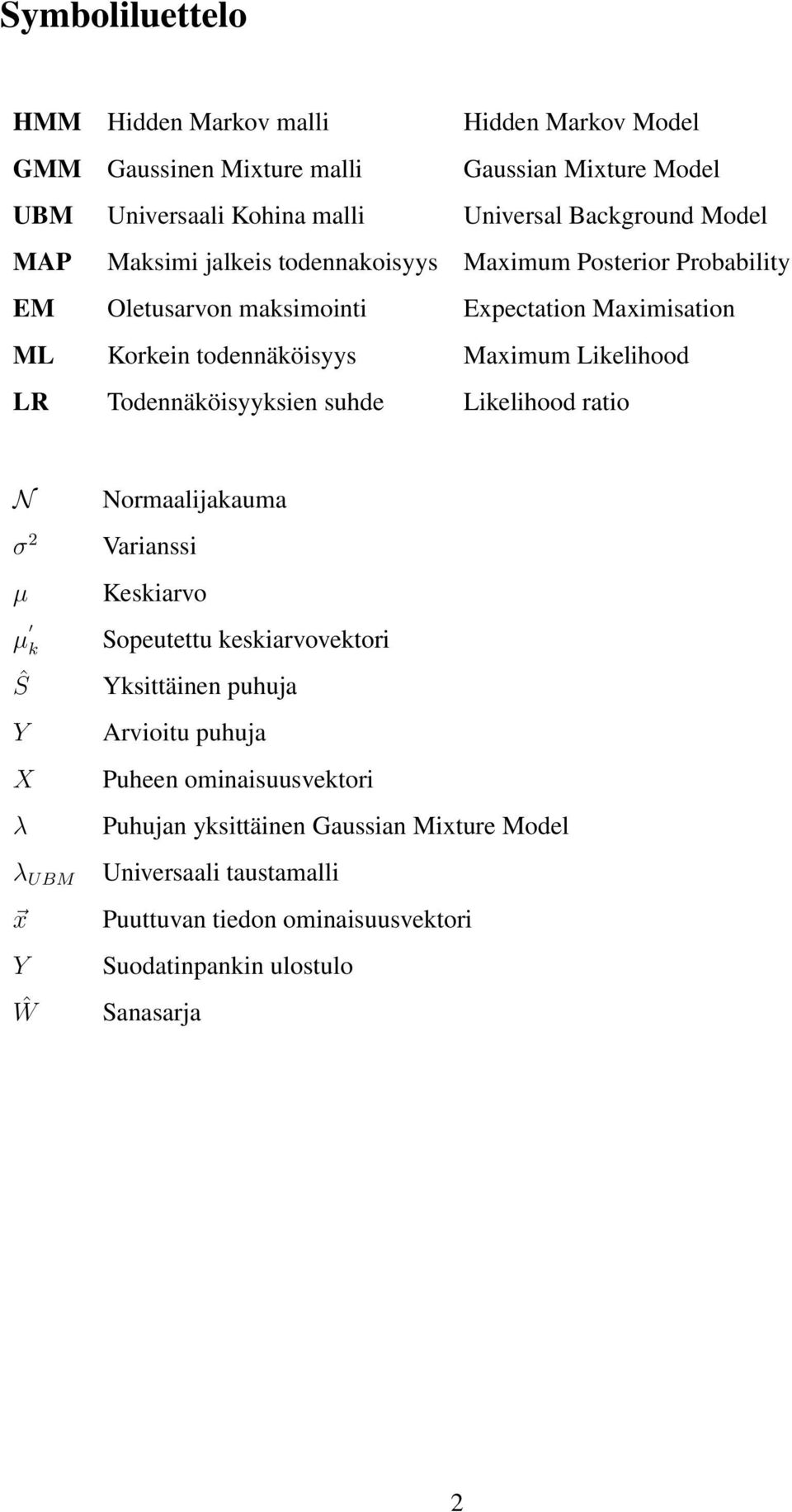 Todennäköisyyksien suhde Likelihood ratio N Normaalijakauma σ 2 Varianssi µ Keskiarvo µ k Sopeutettu keskiarvovektori Ŝ Yksittäinen puhuja Y Arvioitu puhuja X Puheen