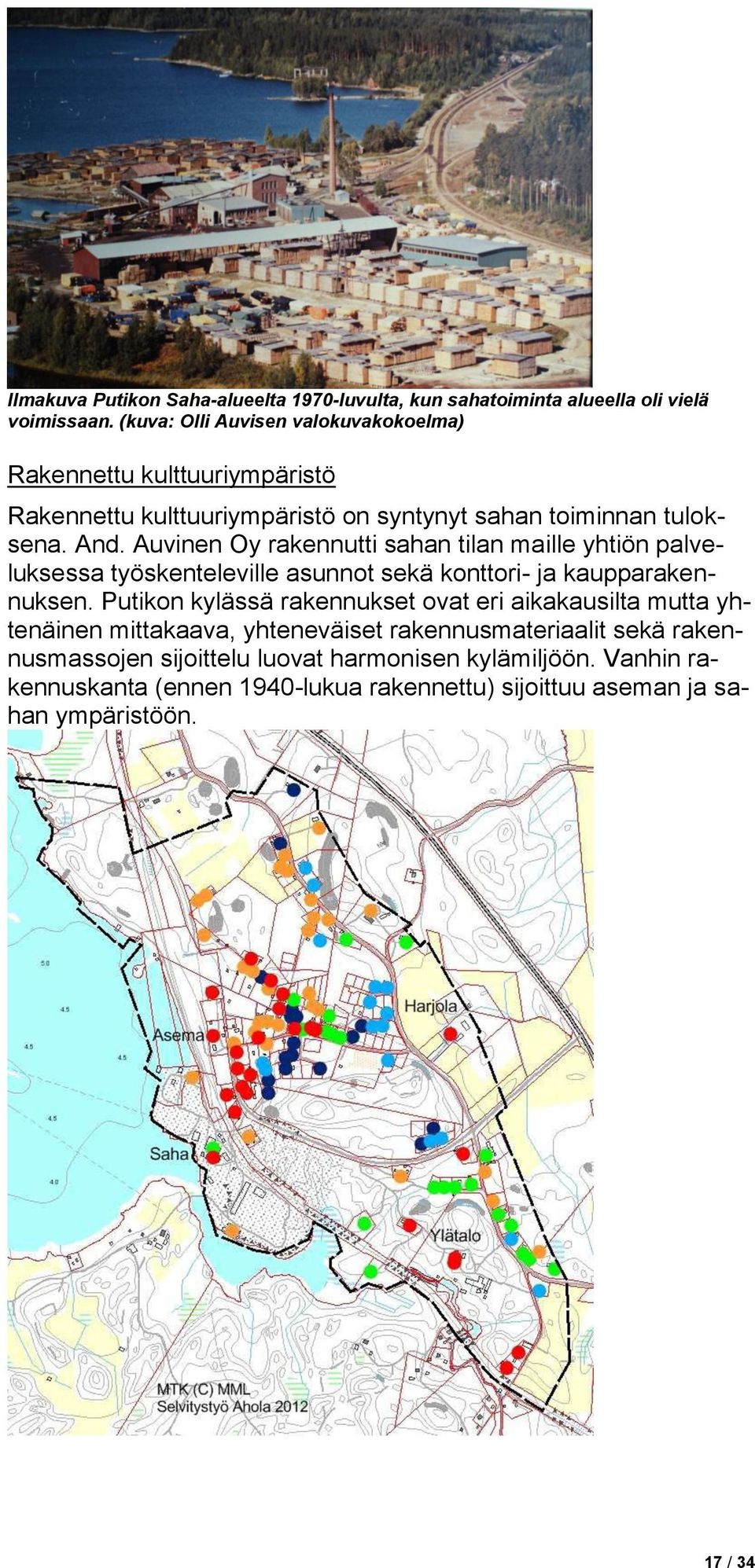 Auvinen Oy rakennutti sahan tilan maille yhtiön palveluksessa työskenteleville asunnot sekä konttori- ja kaupparakennuksen.