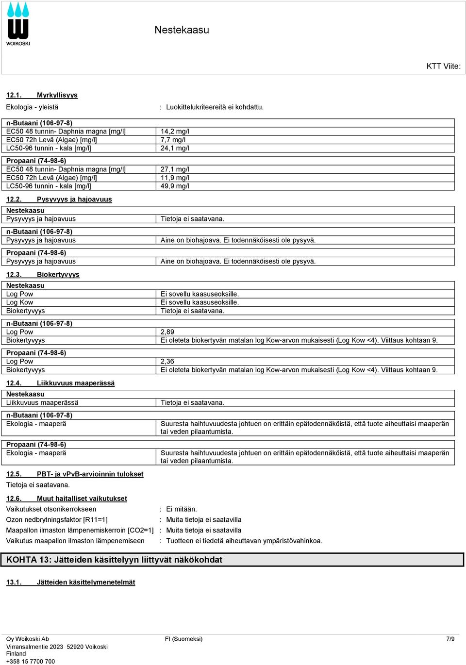 3. Biokertyvyys Nestekaasu Log Pow Log Kow Biokertyvyys 14,2 mg/l 7,7 mg/l 24,1 mg/l 27,1 mg/l 11,9 mg/l 49,9 mg/l Tietoja ei saatavana. Aine on biohajoava. Ei todennäköisesti ole pysyvä.