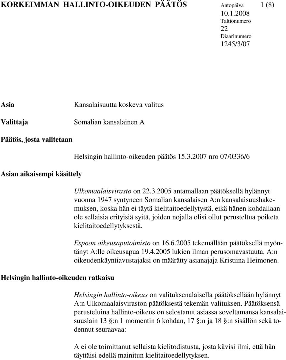 .1.2008 Taltionumero 22 Diaarinumero 1245/3/07 Asia Valittaja Kansalaisuutta koskeva valitus Somalian kansalainen A Päätös, josta valitetaan Asian aikaisempi käsittely Helsingin hallinto-oikeuden