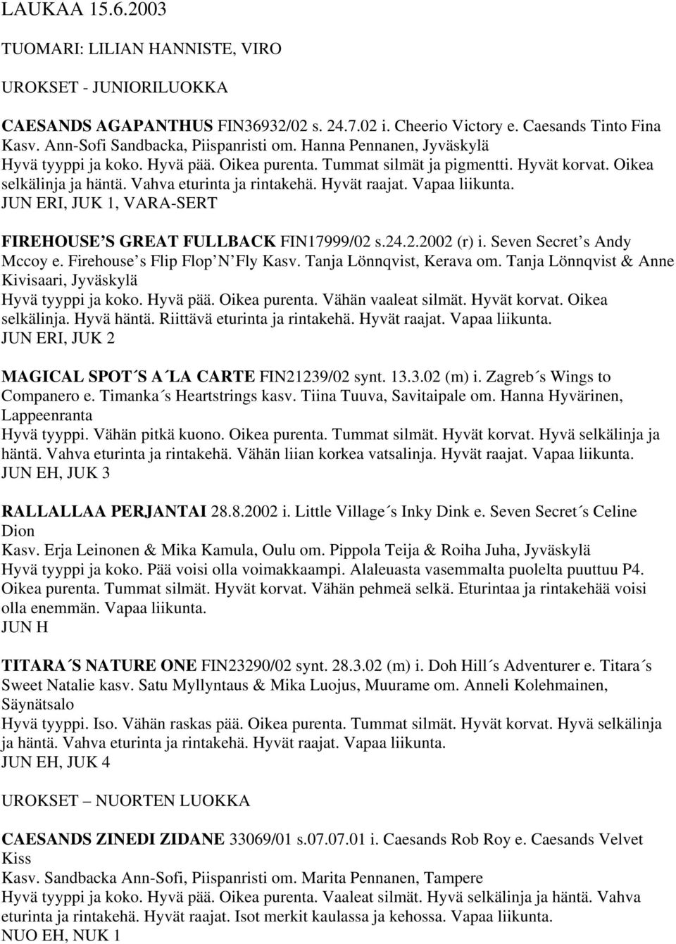 JUN ERI, JUK 1, VARA-SERT FIREHOUSE S GREAT FULLBACK FIN17999/02 s.24.2.2002 (r) i. Seven Secret s Andy Mccoy e. Firehouse s Flip Flop N Fly Kasv. Tanja Lönnqvist, Kerava om.