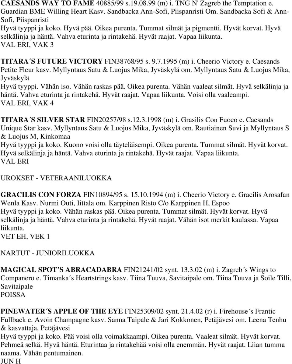 Vapaa liikunta. VAL ERI, VAK 3 TITARA S FUTURE VICTORY FIN38768/95 s. 9.7.1995 (m) i. Cheerio Victory e. Caesands Petite Fleur kasv. Myllyntaus Satu & Luojus Mika, Jyväskylä om.