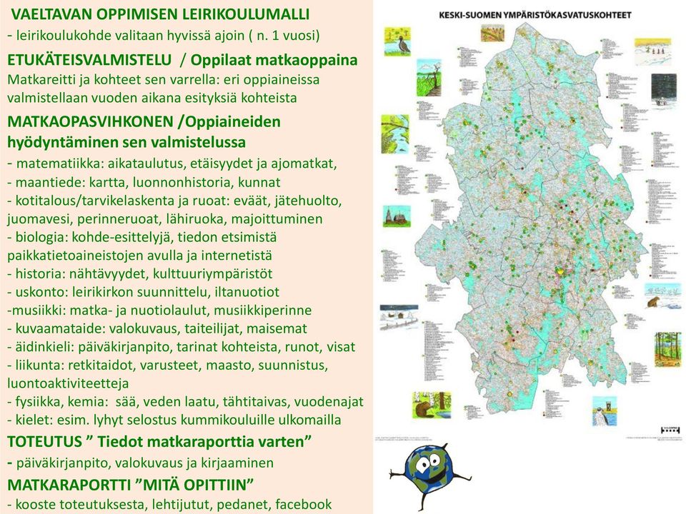 hyödyntäminen sen valmistelussa - matematiikka: aikataulutus, etäisyydet ja ajomatkat, - maantiede: kartta, luonnonhistoria, kunnat - kotitalous/tarvikelaskenta ja ruoat: eväät, jätehuolto,