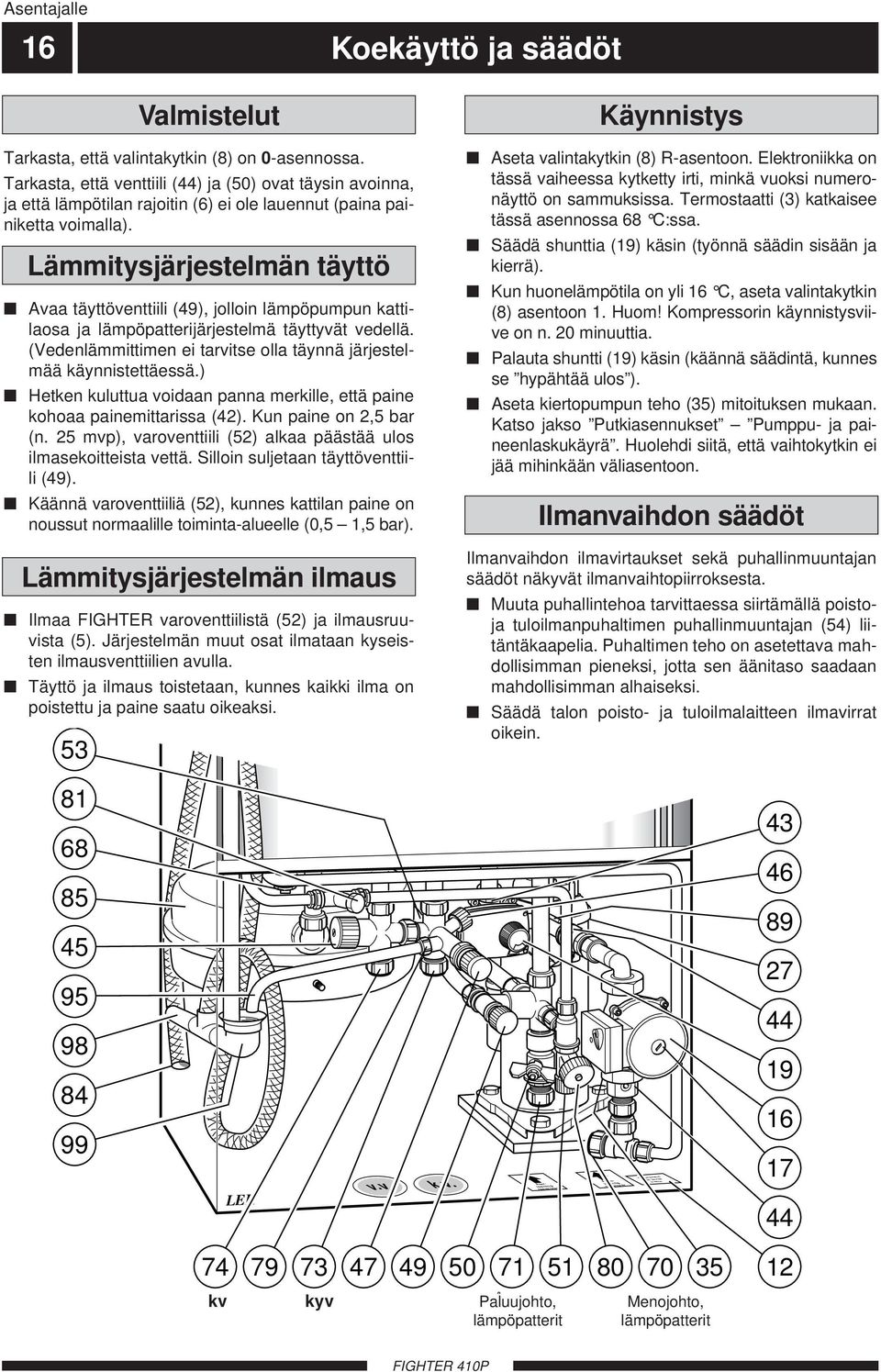 ) Hetken kuluttua voidaan panna merkille, että paine kohoaa painemittarissa (4). Kun paine on,5 bar (n. 5 mvp), varoventtiili (5) alkaa päästää ulos ilmasekoitteista vettä.