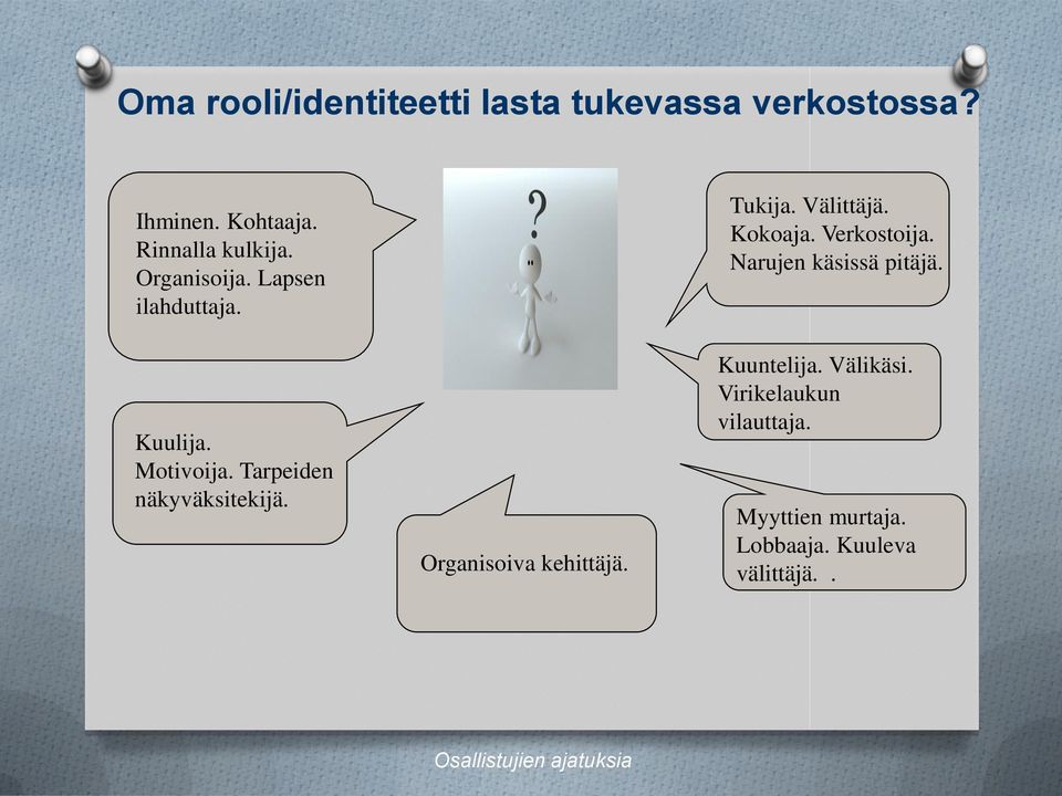 Organisoiva kehittäjä. Tukija. Välittäjä. Kokoaja. Verkostoija. Narujen käsissä pitäjä.