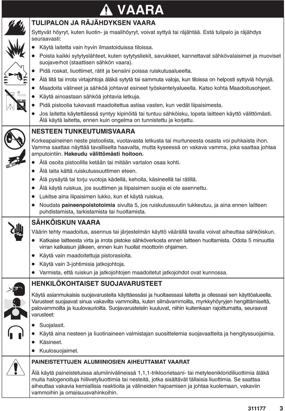 Pidä roskat, liuottimet, rätit ja bensiini poissa ruiskutusalueelta. Älä liitä tai irrota virtajohtoja äläkä sytytä tai sammuta valoja, kun tiloissa on helposti syttyviä höyryjä.