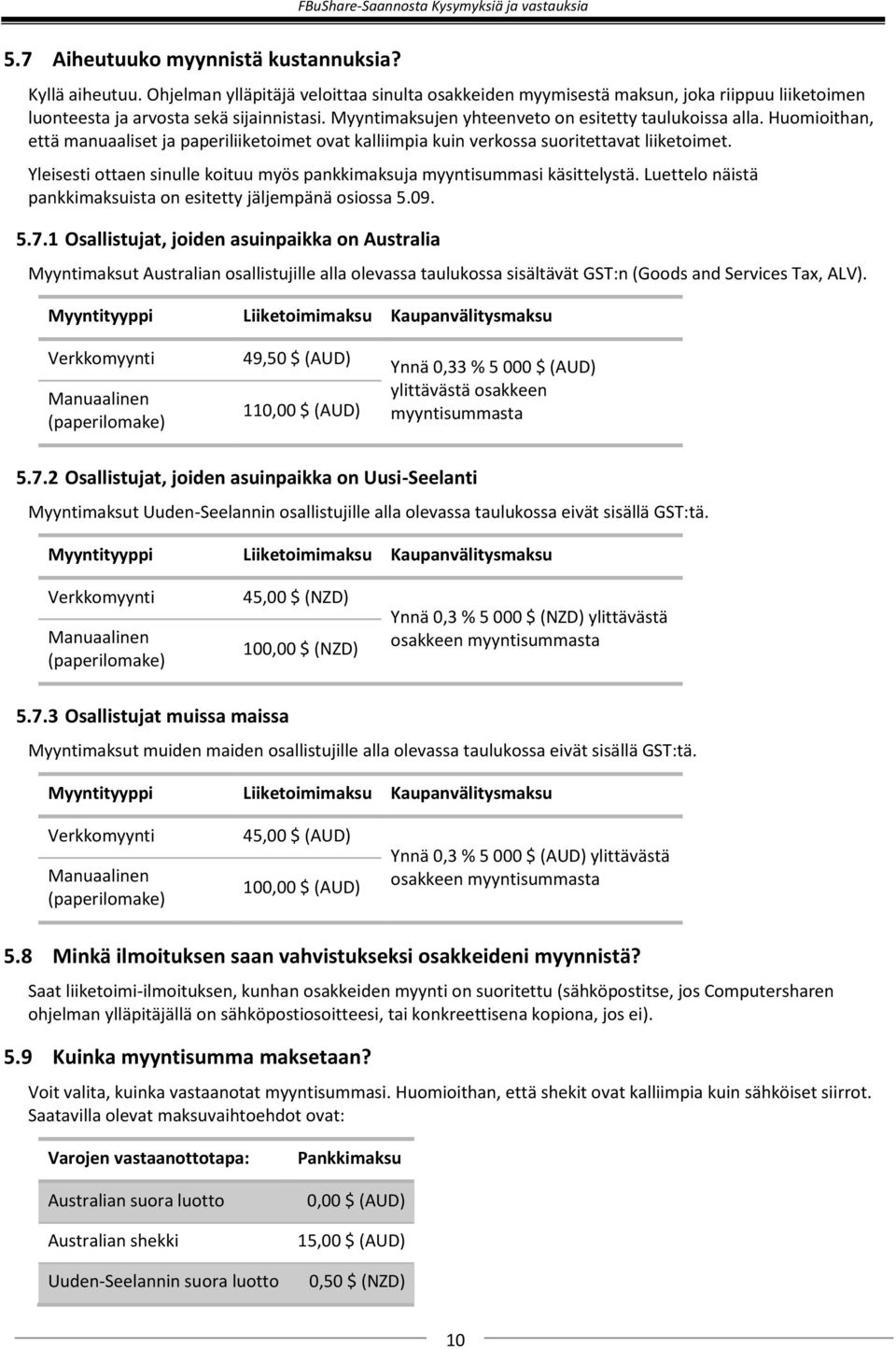 Yleisesti ottaen sinulle koituu myös pankkimaksuja myyntisummasi käsittelystä. Luettelo näistä pankkimaksuista on esitetty jäljempänä osiossa 5.09. 5.7.