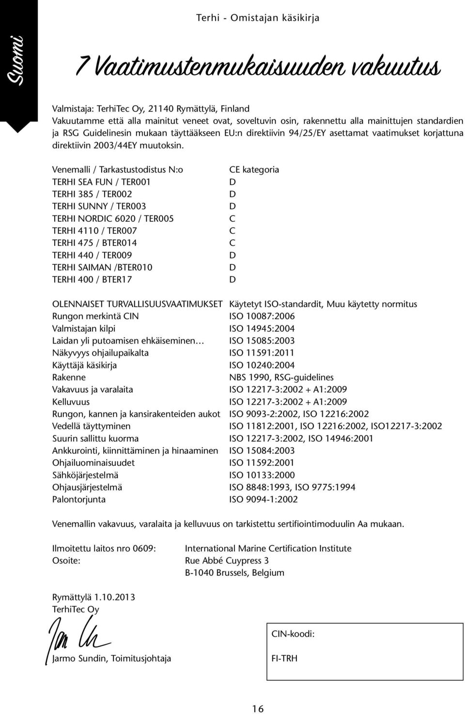 Venemalli / Tarkastustodistus N:o TERHI SEA FUN / TER001 TERHI 385 / TER002 TERHI SUNNY / TER003 TERHI NORDIC 6020 / TER005 TERHI 4110 / TER007 TERHI 475 / BTER014 TERHI 440 / TER009 TERHI SAIMAN