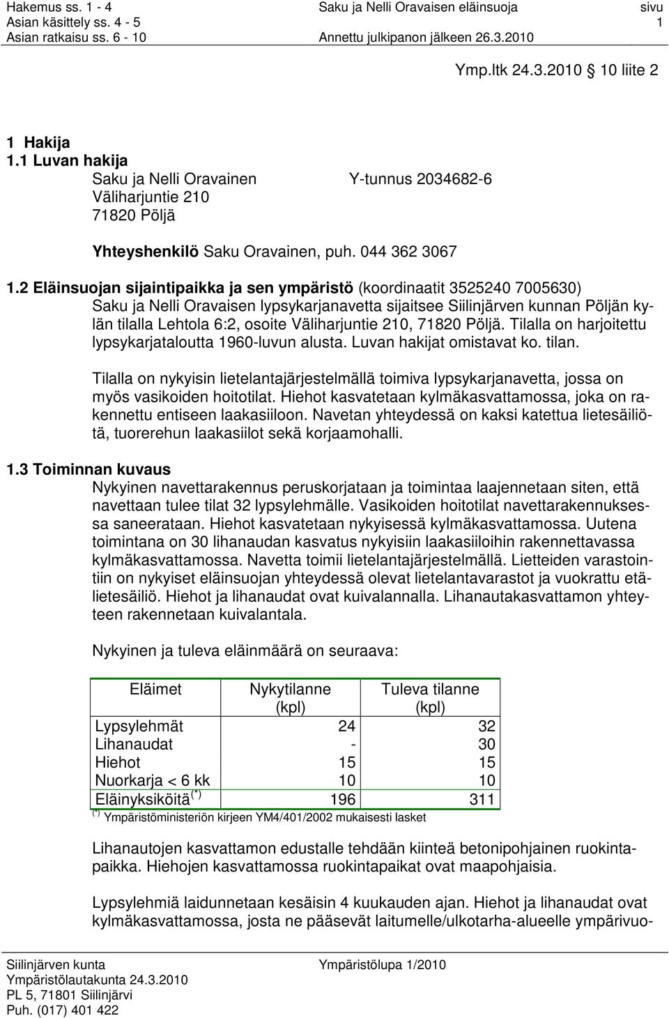 Väliharjuntie 210, 71820 Pöljä. Tilalla on harjoitettu lypsykarjataloutta 1960-luvun alusta. Luvan hakijat omistavat ko. tilan.