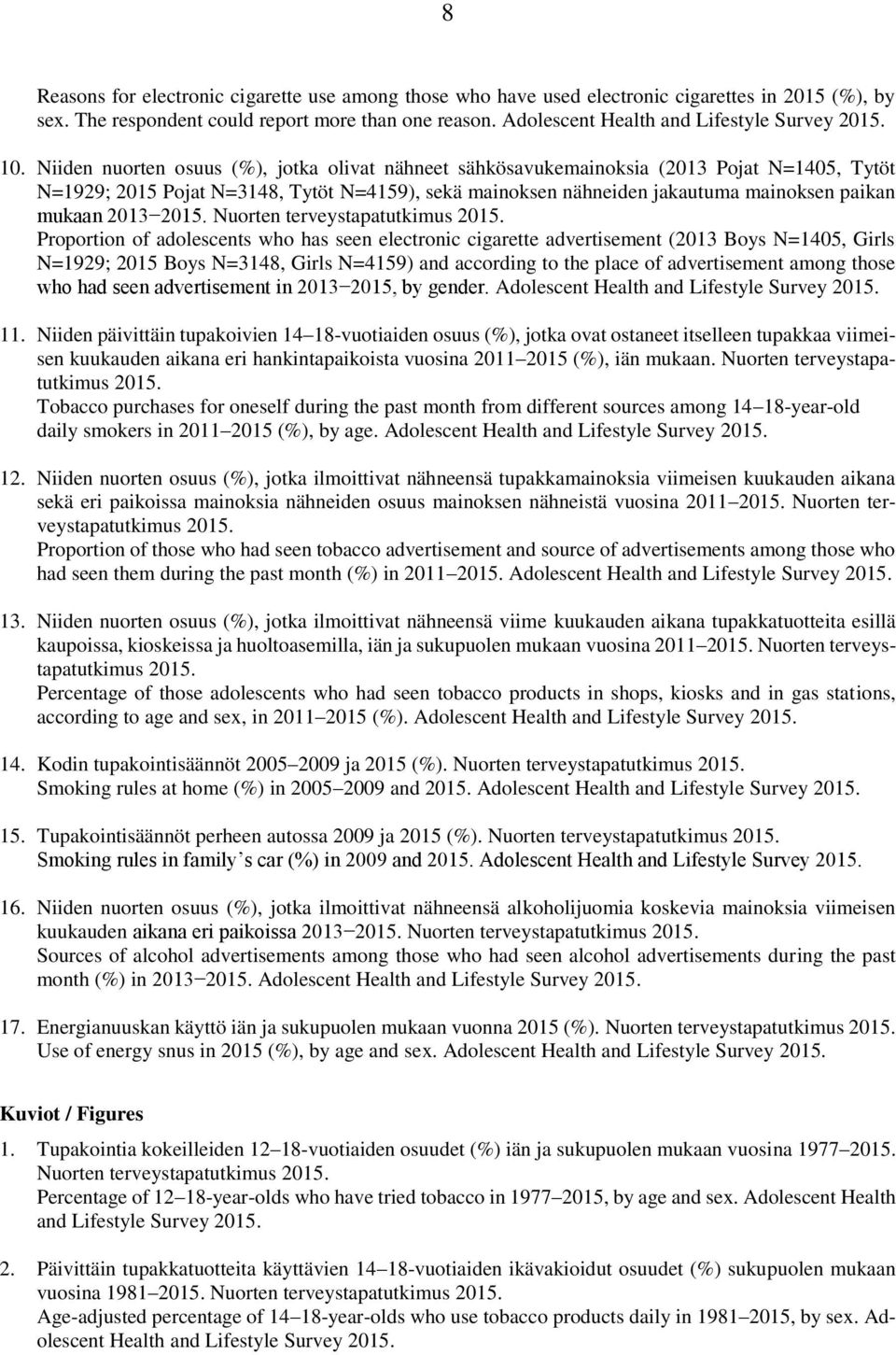 Niiden nuorten osuus (%), jotka olivat nähneet sähkösavukemainoksia (2013 Pojat N=1405, Tytöt N=1929; 2015 Pojat N=3148, Tytöt N=4159), sekä mainoksen nähneiden jakautuma mainoksen paikan mukaan 2013