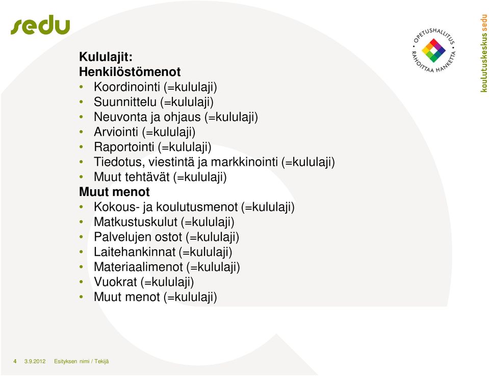 ja ohjaus (=kululaji) Arviointi (=kululaji) Raportointi (=kululaji) Tiedotus, viestintä ja markkinointi (=kululaji)