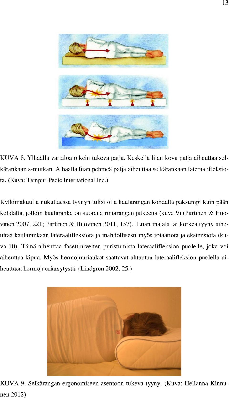 ) Kylkimakuulla nukuttaessa tyynyn tulisi olla kaularangan kohdalta paksumpi kuin pään kohdalta, jolloin kaularanka on suorana rintarangan jatkeena (kuva 9) (Partinen & Huovinen 2007, 221; Partinen &