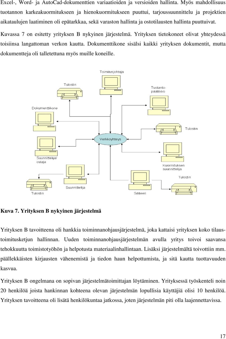 hallinta puuttuivat. Kuvassa 7 on esitetty yrityksen B nykyinen järjestelmä. Yrityksen tietokoneet olivat yhteydessä toisiinsa langattoman verkon kautta.