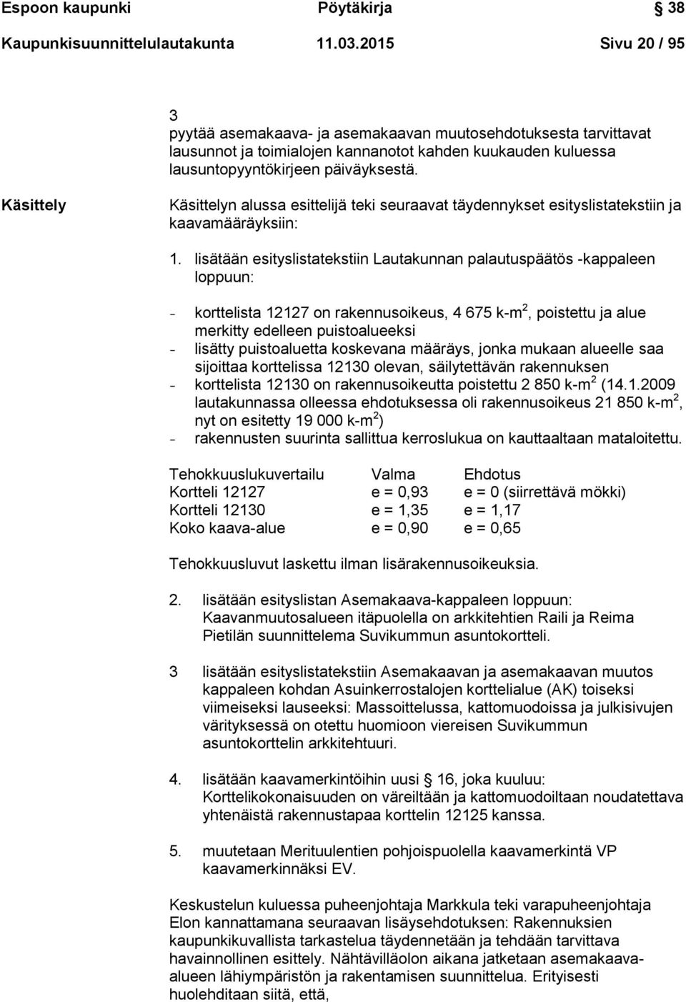 Käsittely Käsittelyn alussa esittelijä teki seuraavat täydennykset esityslistatekstiin ja kaavamääräyksiin: 1.