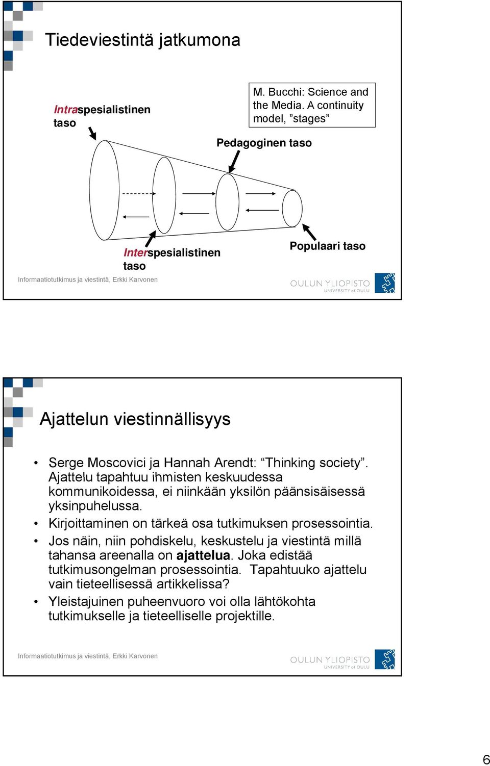 Ajattelu tapahtuu ihmisten keskuudessa kommunikoidessa, ei niinkään yksilön päänsisäisessä yksinpuhelussa. Kirjoittaminen on tärkeä osa tutkimuksen prosessointia.