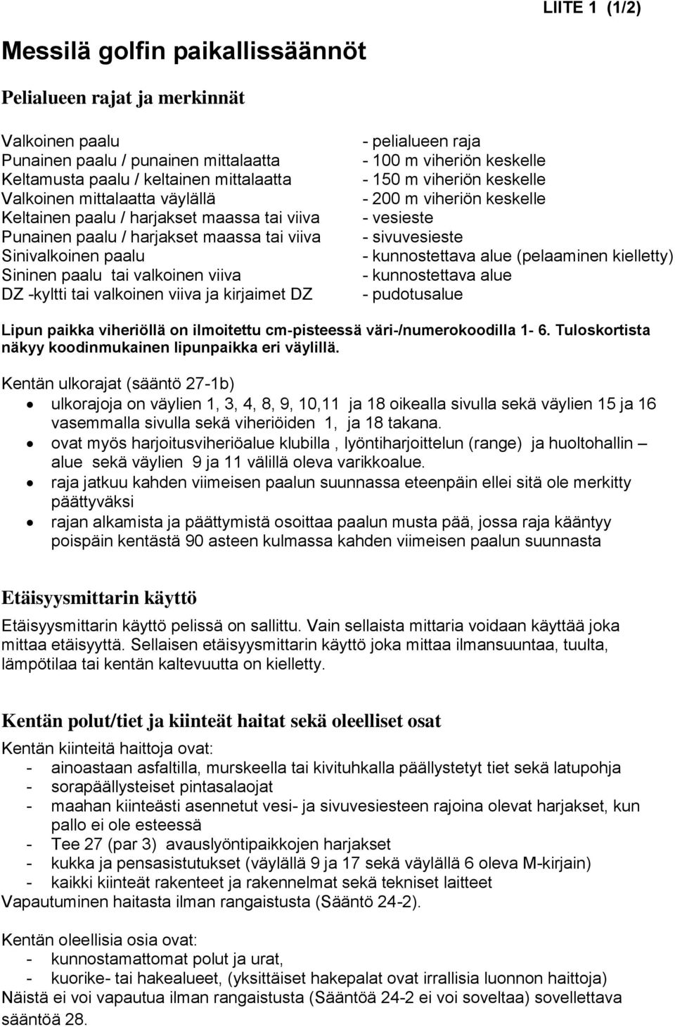 - pelialueen raja - 100 m viheriön keskelle - 150 m viheriön keskelle - 200 m viheriön keskelle - vesieste - sivuvesieste - kunnostettava alue (pelaaminen kielletty) - kunnostettava alue -