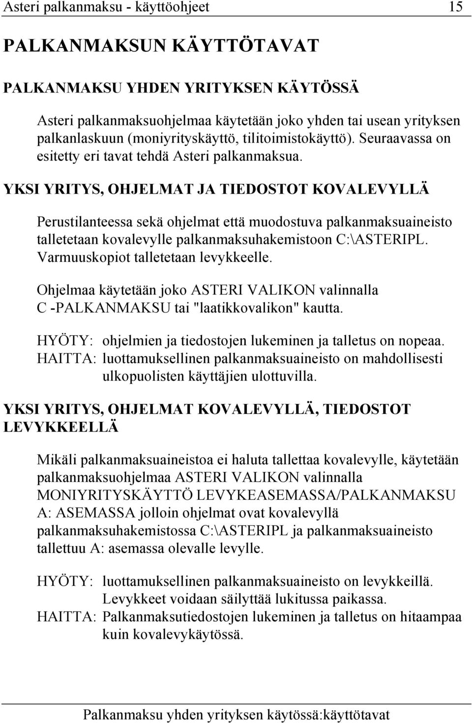 YKSI YRITYS, OHJELMAT JA TIEDOSTOT KOVALEVYLLÄ Perustilanteessa sekä ohjelmat että muodostuva palkanmaksuaineisto talletetaan kovalevylle palkanmaksuhakemistoon C:\ASTERIPL.