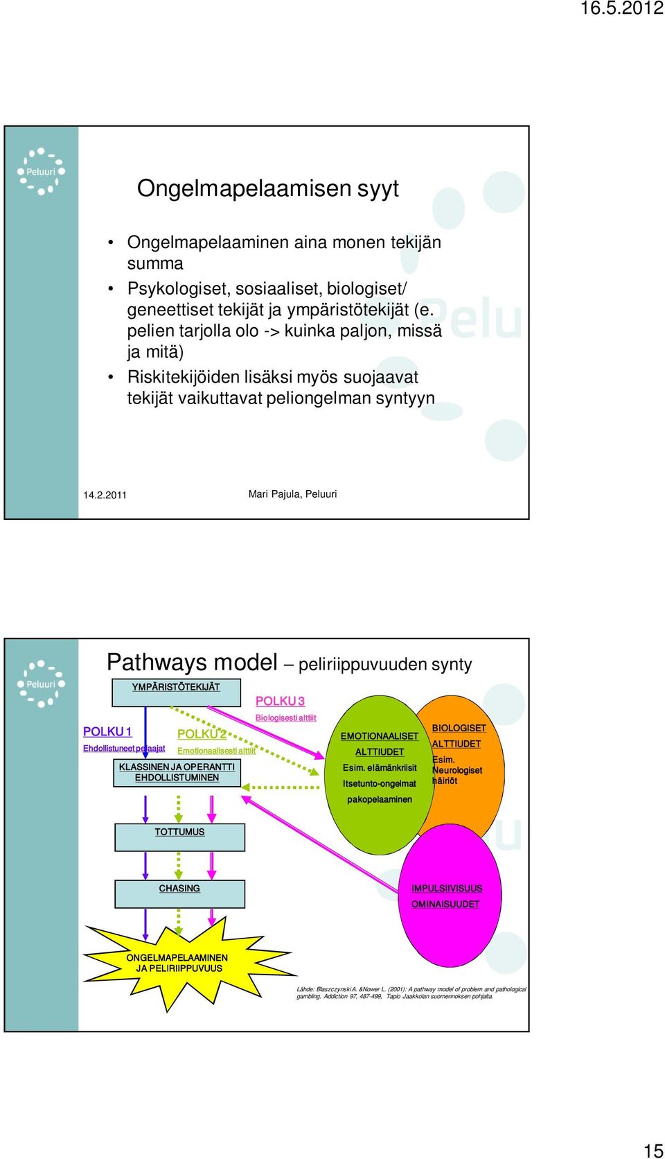 2011 Mari Pajula, Peluuri Pathways model peliriippuvuuden synty POLKU 1 Ehdollistuneet pelaajat YMPÄRISTÖTEKIJÄT POLKU 2 Emotionaalisesti alttiit KLASSINEN JA OPERANTTI EHDOLLISTUMINEN POLKU 3