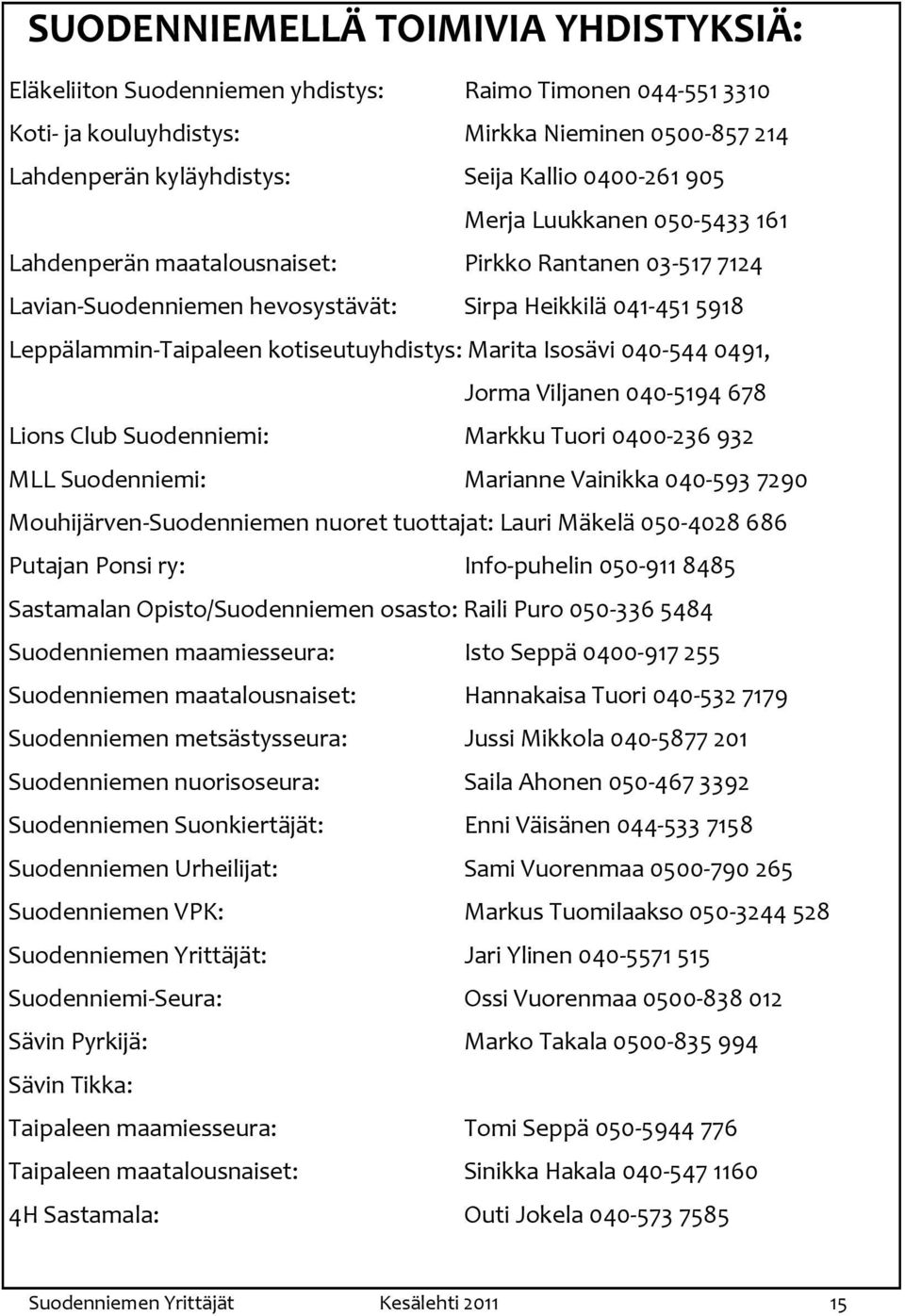 Isosävi 040-544 0491, Jorma Viljanen 040-5194 678 Lions Club Suodenniemi: Markku Tuori 0400-236 932 MLL Suodenniemi: Marianne Vainikka 040-593 7290 Mouhijärven-Suodenniemen nuoret tuottajat: Lauri