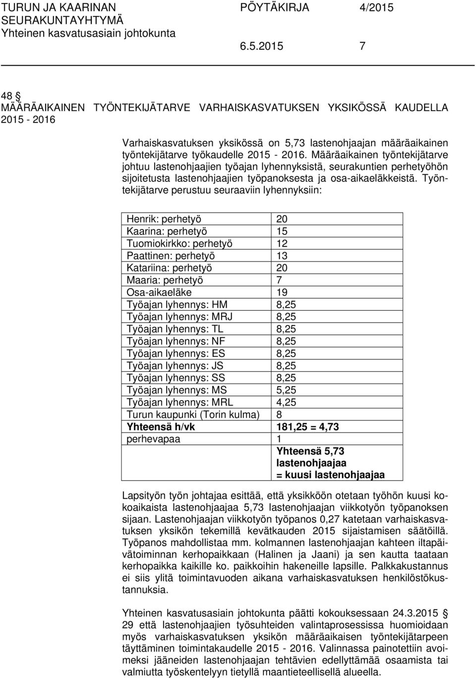 Työntekijätarve perustuu seuraaviin lyhennyksiin: Henrik: perhetyö 20 Kaarina: perhetyö 15 Tuomiokirkko: perhetyö 12 Paattinen: perhetyö 13 Katariina: perhetyö 20 Maaria: perhetyö 7 Osa-aikaeläke 19