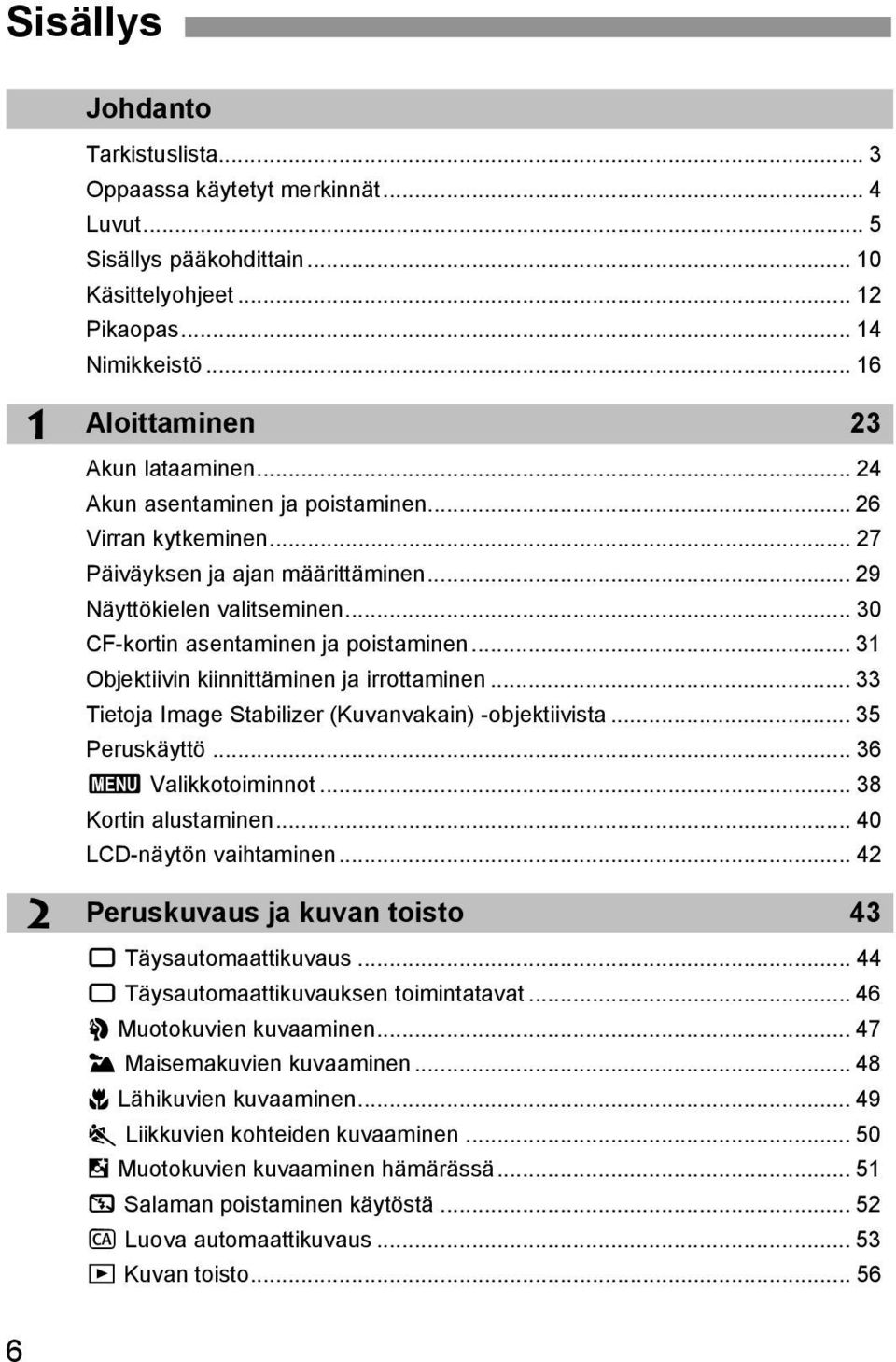 .. 31 Objetiivin iinnittäminen ja irrottaminen... 33 Tietoja Image Stabilizer (Kuvanvaain) -objetiivista... 35 Perusäyttö... 36 3 Valiotoiminnot... 38 Kortin alustaminen... 40 LCD-näytön vaihtaminen.