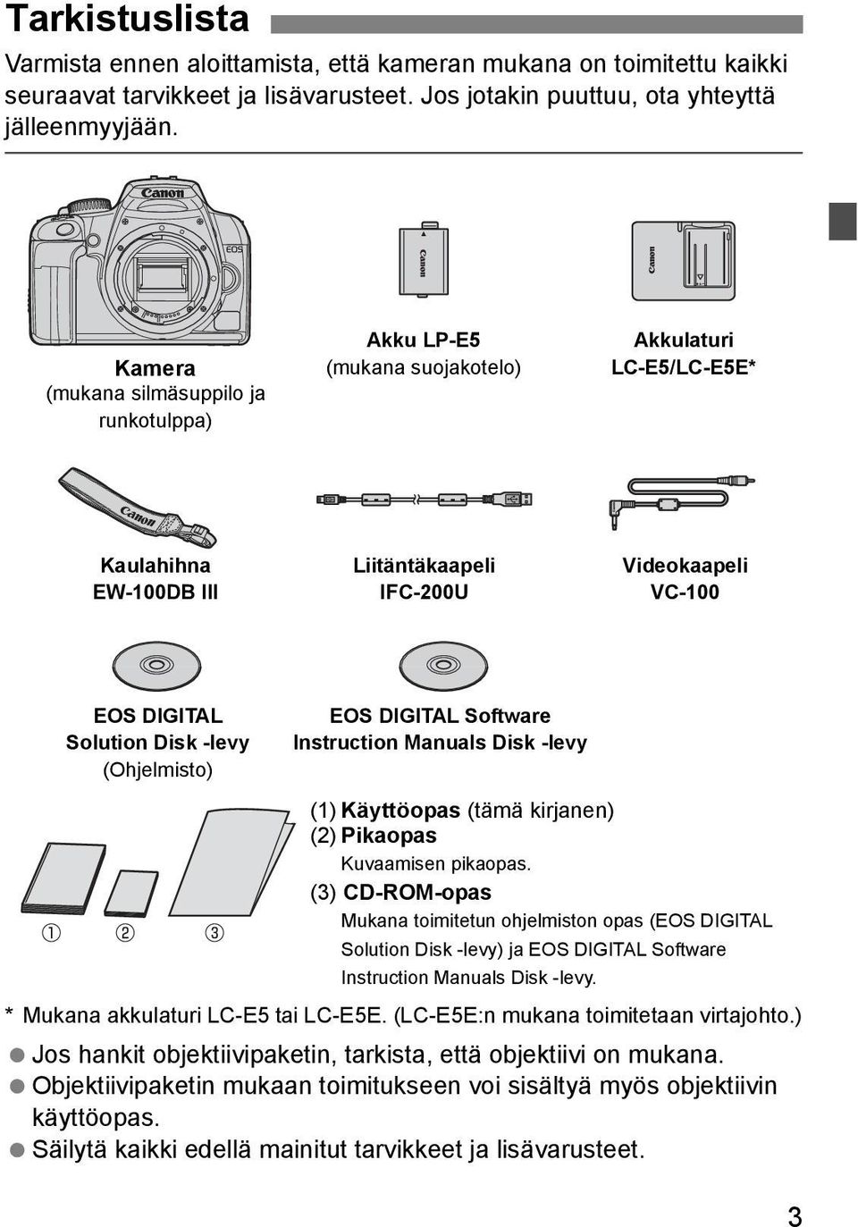 (Ohjelmisto) EOS DIGITAL Software Instruction Manuals Dis -levy (1) Käyttöopas (tämä irjanen) (2) Piaopas Kuvaamisen piaopas.