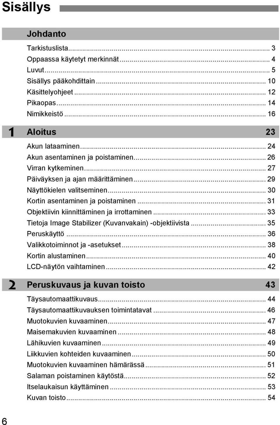 .. 31 Objetiivin iinnittäminen ja irrottaminen... 33 Tietoja Image Stabilizer (Kuvanvaain) -objetiivista... 35 Perusäyttö... 36 Valiotoiminnot ja -asetuset... 38 Kortin alustaminen.