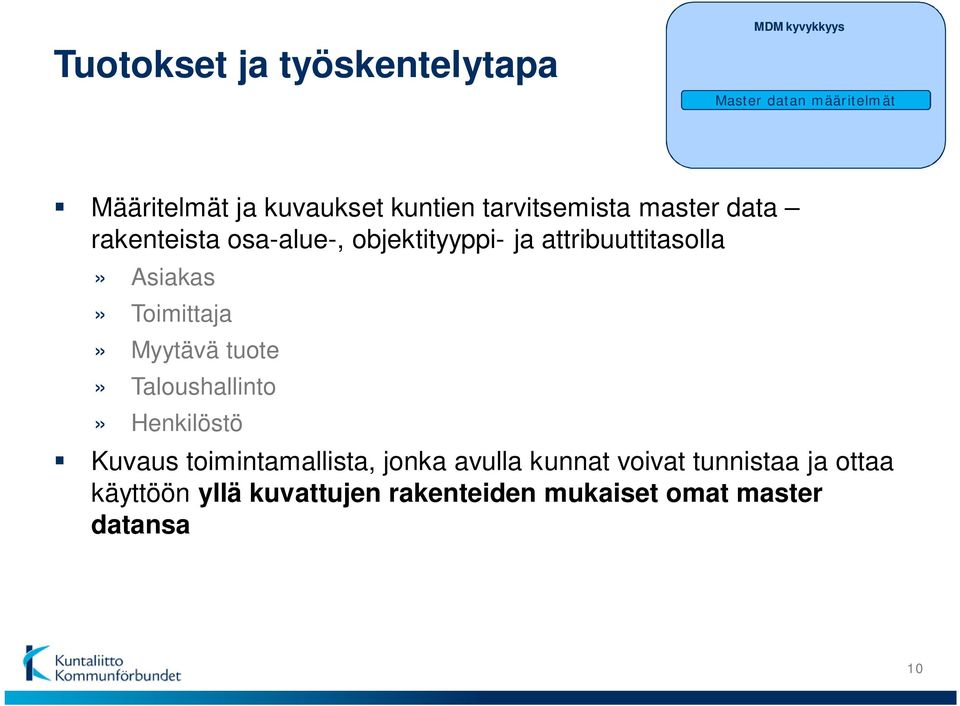 Asiakas» Toimittaja» Myytävä tuote» Taloushallinto» Henkilöstö Kuvaus toimintamallista, jonka