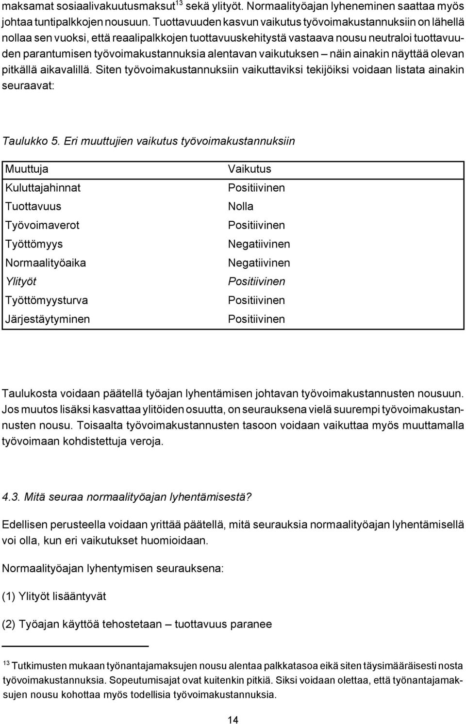 alentavan vaikutuksen näin ainakin näyttää olevan pitkällä aikavalillä. Siten työvoimakustannuksiin vaikuttaviksi tekijöiksi voidaan listata ainakin seuraavat: Taulukko 5.